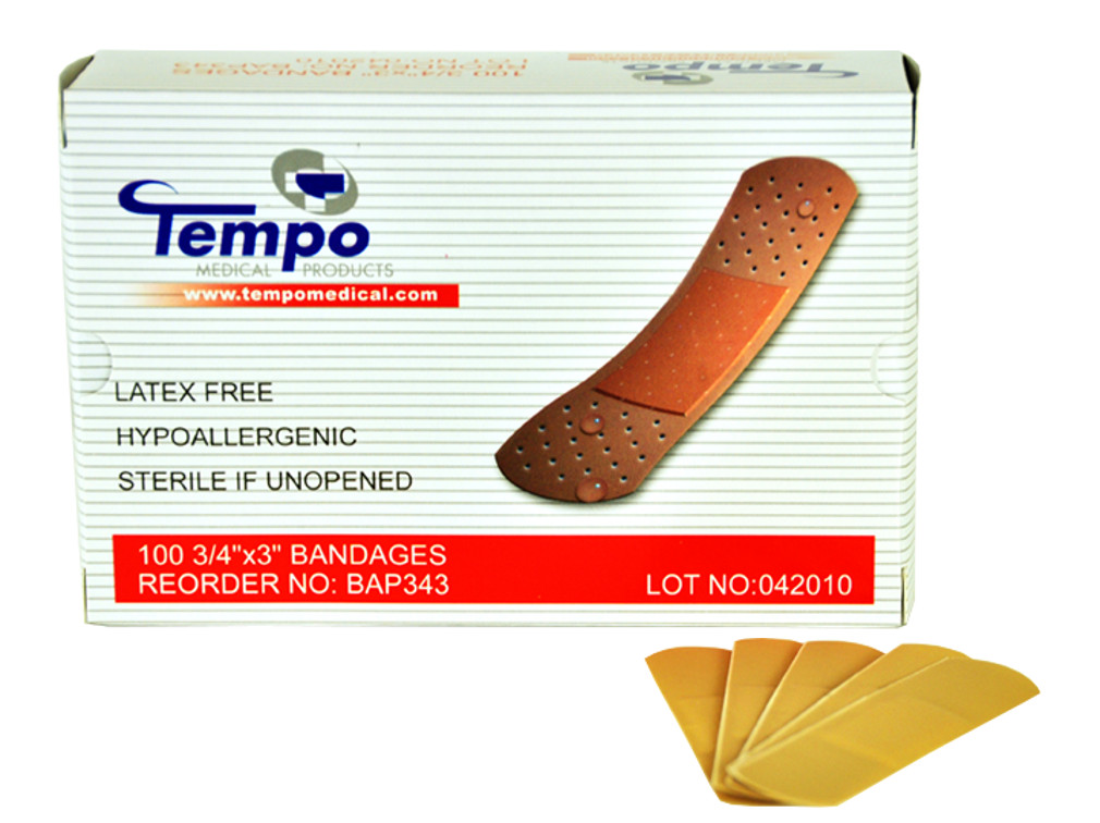 Tempo Adhesive Bandages, Sterile, Non Latex, Hypoallergenic, 3/4" x 3"