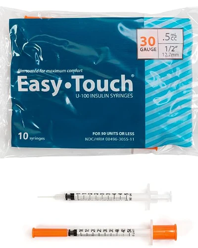 [3332702] EasyTouch® U-100 Insulin Syringe w/ Pen Needle, 30G x 0.5", 0.5mL